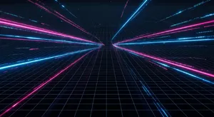 Abstract background graphic, cyberpunk aesthetic, neon pink/blue light trails on dark grid, sense of digital speed, for desktop wallpaper. - XAI Grok Imagine