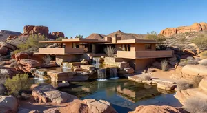 Aerial view of a modernist desert home, in the style of Frank Lloyd Wright's Fallingwater but adapted to desert conditions. Show integration with rocky landscape and water features. - XAI Grok Imagine