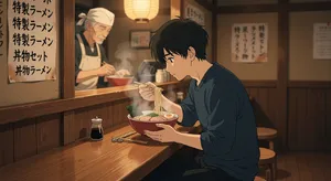 An anime scene of a character eating ramen at a small shop counter (slice-of-life style). - XAI Grok Imagine
