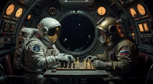 An astronaut and a deep-sea diver playing chess together inside a submarine. - XAI Grok Imagine