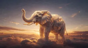 An elephant made of clouds floating in a sunset sky, rendered in a surrealist photorealistic style with ethereal golden lighting and atmospheric depth. - XAI Grok Imagine