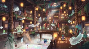 An enchanted bathhouse with glowing lanterns and spirits. Recreate the visual style of 'Spirited Away' by Studio Ghibli, with Miyazaki's ornate architecture and magical atmosphere. - XAI Grok Imagine