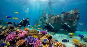An underwater scene with scuba divers exploring a coral reef alongside colorful fish and a sunken ship. - XAI Grok Imagine