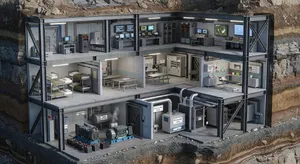 Cross-section rendering of a multi-level underground bunker with different functional areas, structural support systems, ventilation, and power generation facilities visible. - XAI Grok Imagine