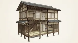 Cutaway architectural drawing of a traditional Japanese machiya townhouse showing all rooms and structural elements. Include accurate proportions, traditional joinery, and typical spatial organization. - XAI Grok Imagine
