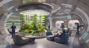 Interior of a futuristic space habitat with hydroponics gardens, communal areas, and living quarters. Show curved walls, artificial gravity considerations, and multipurpose furniture designs. - XAI Grok Imagine