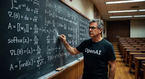 Photorealistic depiction of a man wearing a clearly visible black OpenAI-branded T-shirt. He is standing at the front of a university lecture hall, writing complex mathematics and AI-related equations across a large, dusty chalkboard filled with notation - XAI Grok Imagine