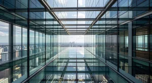 Photorealistic rendering of a contemporary glass skybridge between two skyscrapers, seen from inside with city views visible through glass walls and floor. Show accurate reflections and structural details. - XAI Grok Imagine
