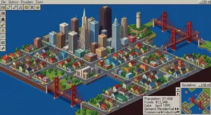Pixel art cityscape of San Francisco in the iconic SimCity 2000 style, isometric view, detailed skyscrapers, residential areas, clearly identifiable Golden Gate Bridge, Coit Tower, Transamerica Pyramid, surrounded by the classic SimCity 2000 UI elements - XAI Grok Imagine