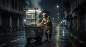 Rain-slicked Singapore street, 3 AM. A lone elderly hawker cleans his cart under one flickering fluorescent light. Steam rises gently. Low-angle shot, photorealistic - XAI Grok Imagine