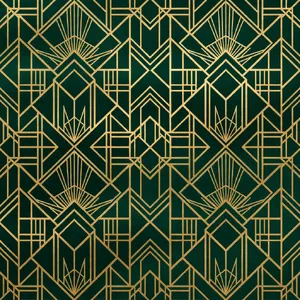 Seamless geometric pattern, Art Deco style, gold lines on deep emerald green background, high resolution texture for print. - XAI Grok Imagine