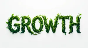 The word 'GROWTH' visualized using stylized plant vines organically forming the letters, green tones, white background, graphic design. - XAI Grok Imagine